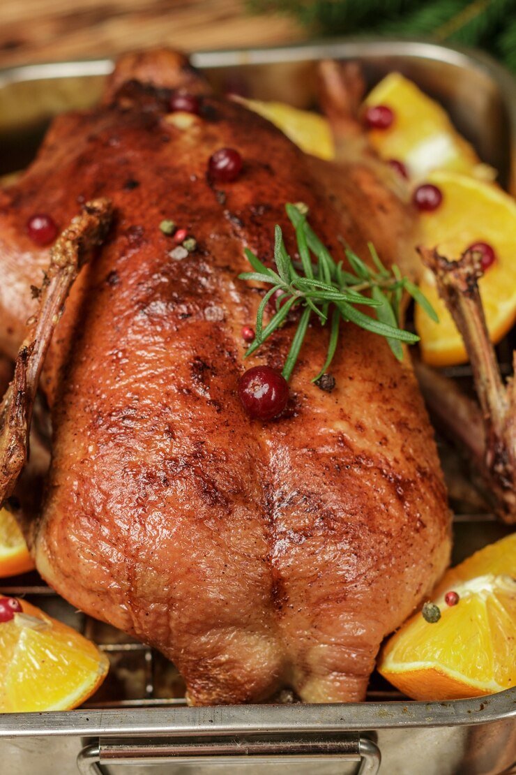 Foto anatra festosa al forno con arance