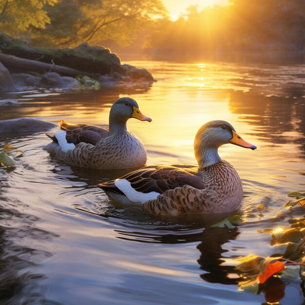 anatre che nuotano in un fiume al tramonto