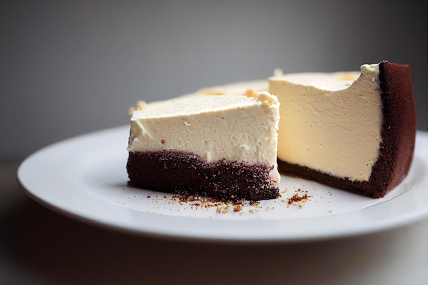 Anche un pezzo di cheesecake alla crema con uno strato sottile di pasta al cioccolato