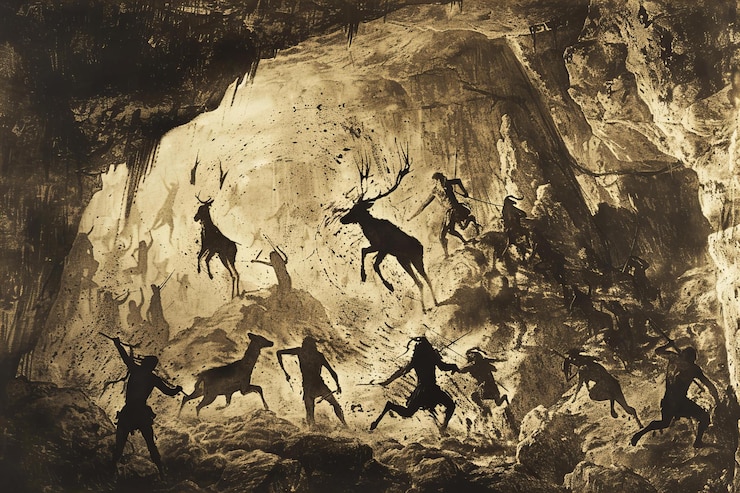 Photo ancient cave paintings depicting primitive people hunting deer in sepia tones drawn on the wall of