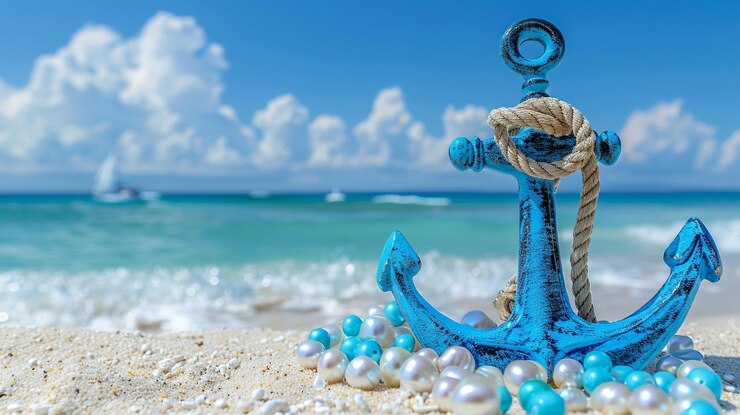 Ancora con perle sulla spiaggia vicino al mare