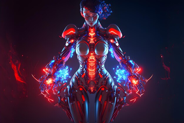 Android femmina umanoide con tuta in metallo in piedi in una posa sicura tonalità di colore blu e viola Arte generata dalla rete neurale