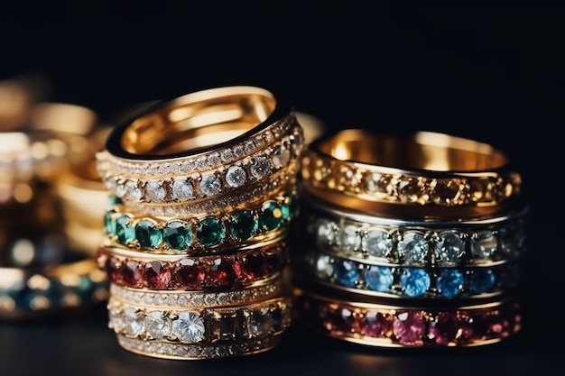 Anelli d'oro e rubini che giacciono su sfondo nero Il concetto di ricchezza o gioielli