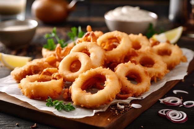 Anelli di calamari fritti su una tavola di legno e pergamena con salsa bianca cibo di strada generato dall'intelligenza artificiale