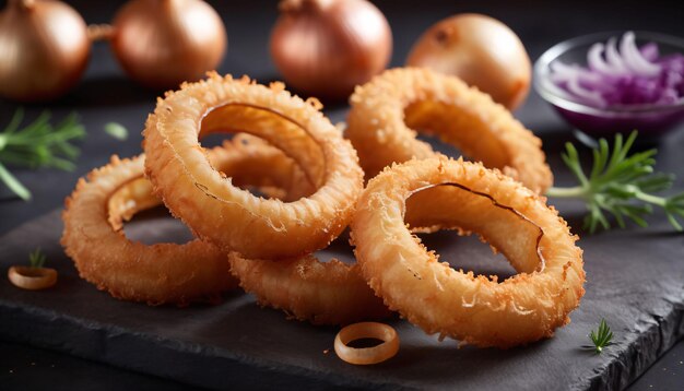 Anelli di cipolle fast food con sfondo di cipolle fotografia di cibo vegetale