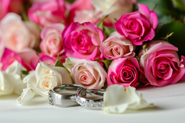 Anelli di nozze e rose fresche su sfondo bianco