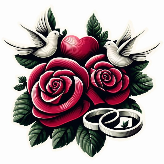 Anelli di rose di colomba e elementi di matrimonio di cuore Per il modello di progettazione di banner di post sui social media
