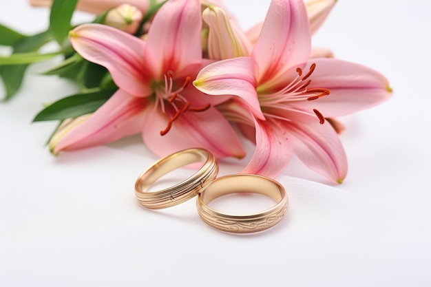 anelli nuziali e fiori di giglio su sfondo bianco closeupm fiori rosa e due anelli nuziali dorati su sfondo bianco AI Generato