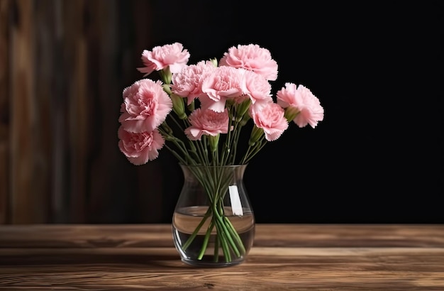 Anelli rosa in un vaso di vetro su un tavolo di legno.