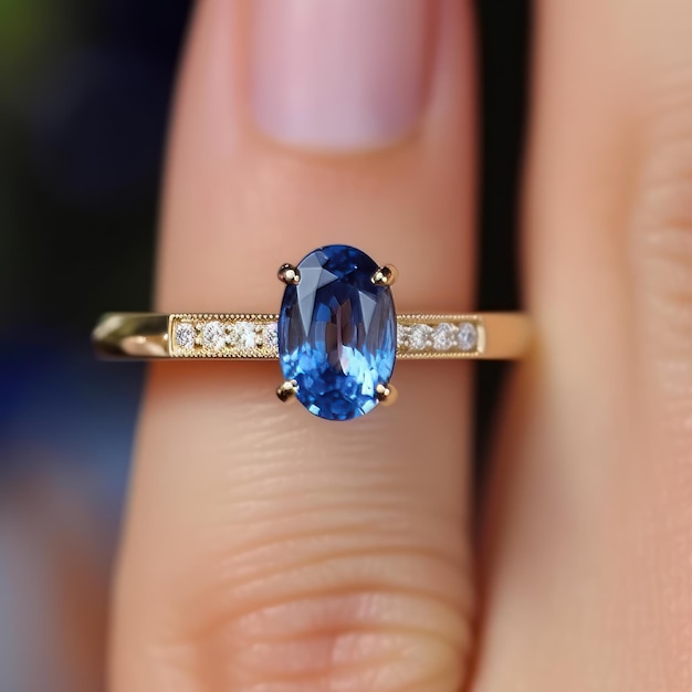 Anello con zaffiro blu nel dito generativo AI