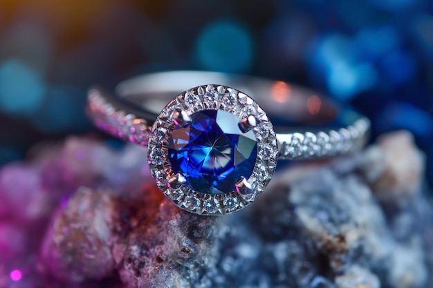 Anello d'argento o d'oro bianco con diamanti e zaffiri blu in primo piano Gemme preziose e metalli gioielli di pietre preziose naturali