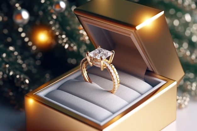 Anello d'oro con diamanti in una confezione regalo d'oro sullo sfondo di un albero di Natale con luci Regalo per Capodanno e Natale Generative AI