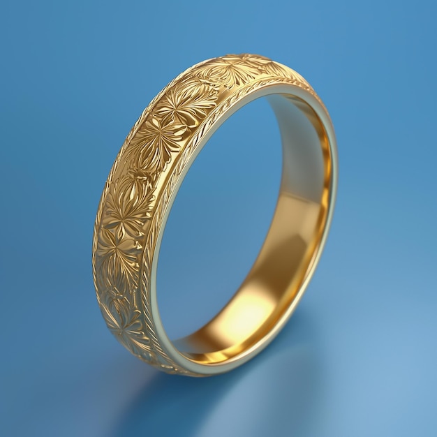 Anello d'oro ornato con disegni botanici incisi su sfondo blu