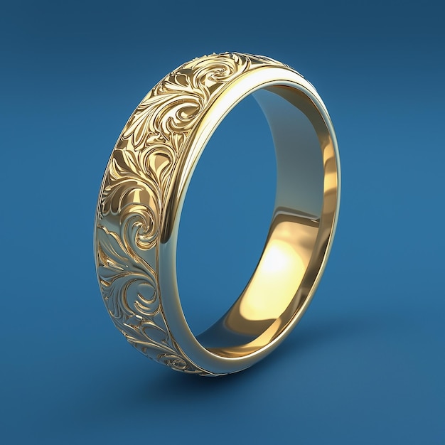 Anello d'oro ornato con disegni botanici incisi su sfondo blu