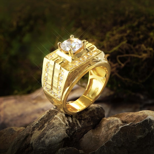Anello da uomo in oro con diamanti, Zirconia cubica, smeraldi e pietre preziose su sfondo rock moss