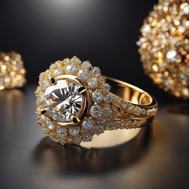 Anello di diamante d'oro isolato su sfondo nero rendering 3D