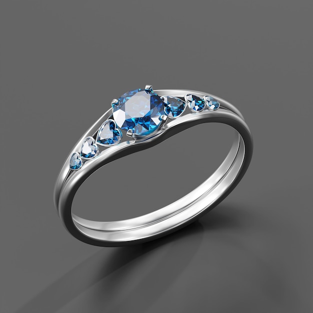 Anello di diamante zaffiro blu isolato su sfondo 3D rendering