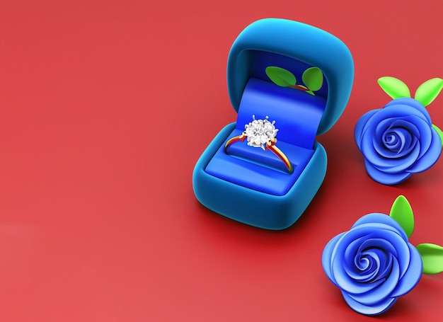 Anello di diamanti 3D in scatola e rose e sfondo