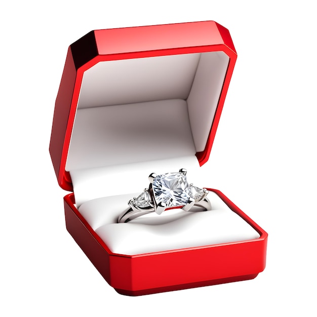 Anello di diamanti all'interno di una scatola rossa aperta isolata su sfondo bianco