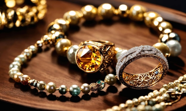 anello di diamanti gioielli su tavolo di legno con sfondo bokeh ai generativo