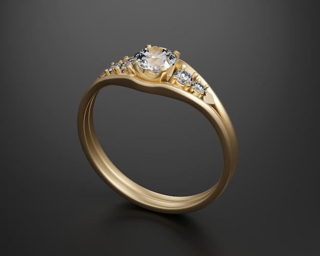 Anello di diamanti in oro isolato su sfondo nero Rendering 3D