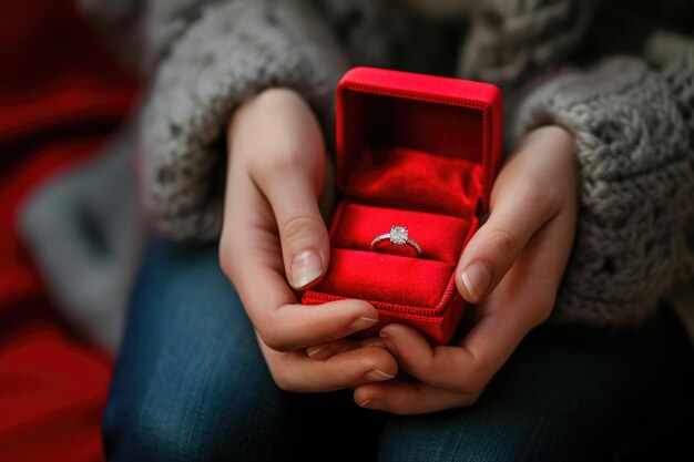 anello di diamanti nel riquadro rosso nella mano della donna su ai generativa