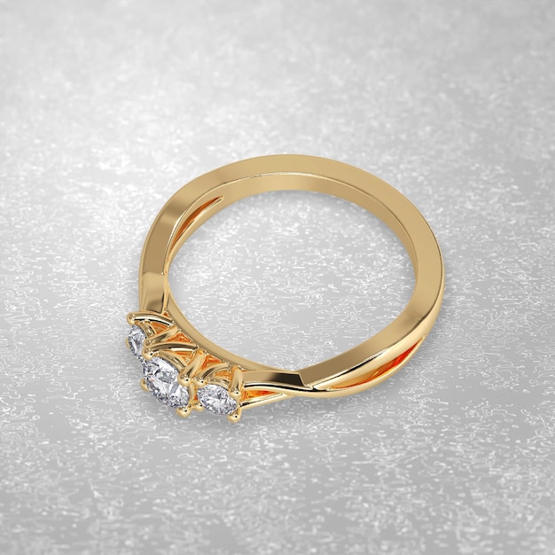 Anello di fidanzamento con 3 pietre che stabilisce la posizione in oro giallo con rendering 3D