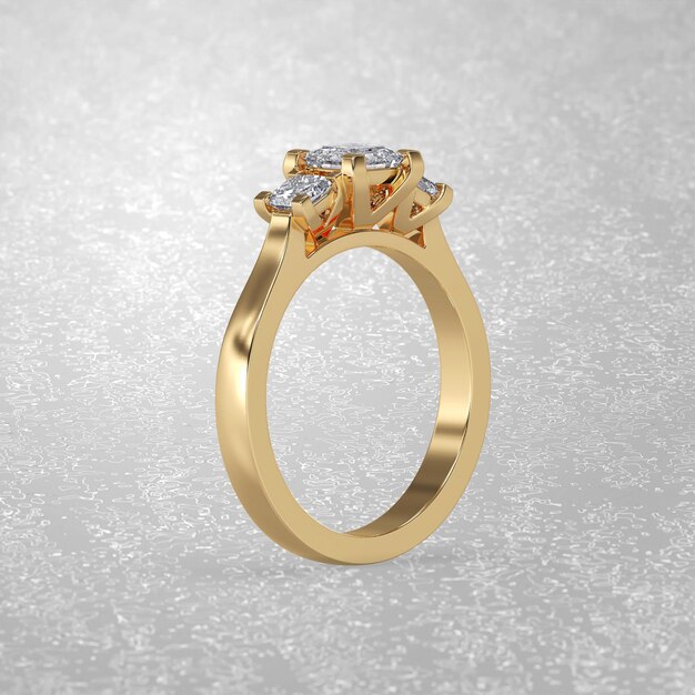 Anello di fidanzamento con 3 pietre in posizione eretta in oro giallo con rendering 3D