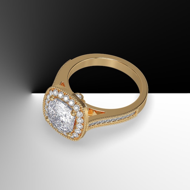 Anello di fidanzamento con diamante centrale tagliato a cuscino con gambo a cattedrale con pietre incastonate rendering 3d