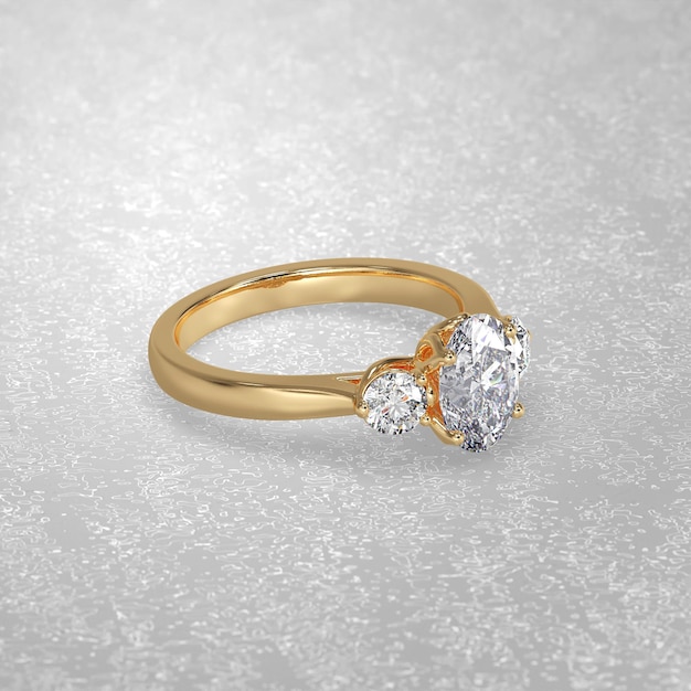Anello di fidanzamento con tre pietre che stabilisce la posizione in metallo dorato rendering 3D