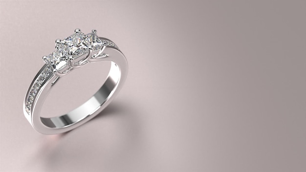 Anello di fidanzamento in oro bianco con rendering 3d di diamanti con bellissimo sfondo