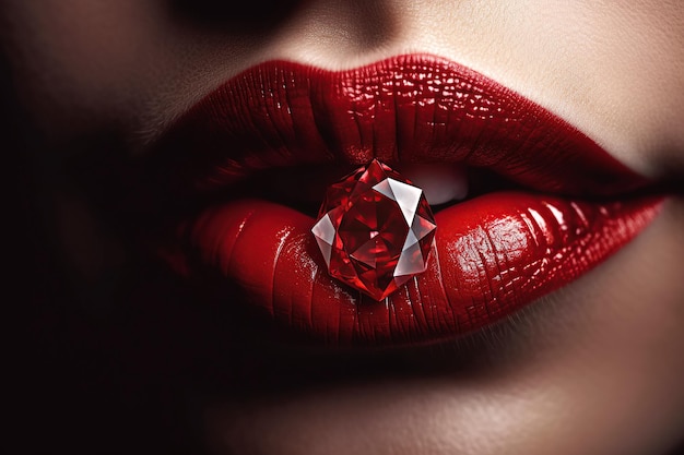 Anello di fidanzamento in oro con gemma di diamante nelle labbra delle donne con rossetto rosso in primo piano IA generativa