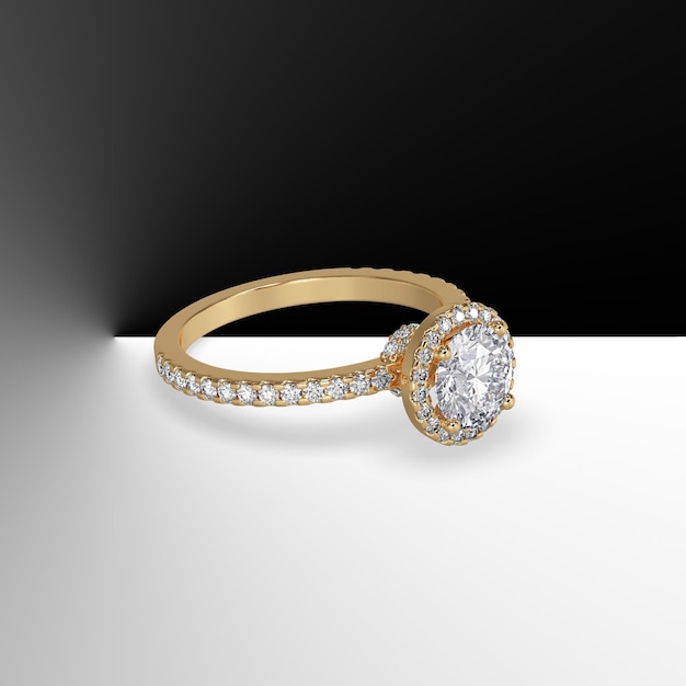Anello di fidanzamento in oro con pietra centrale rotonda e diamanti laterali su gambo rendering 3d