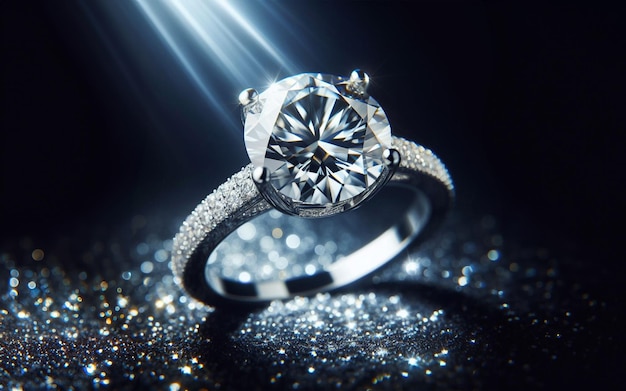 Anello di nozze di diamante anello d'oro bianco scintilla su uno sfondo nero