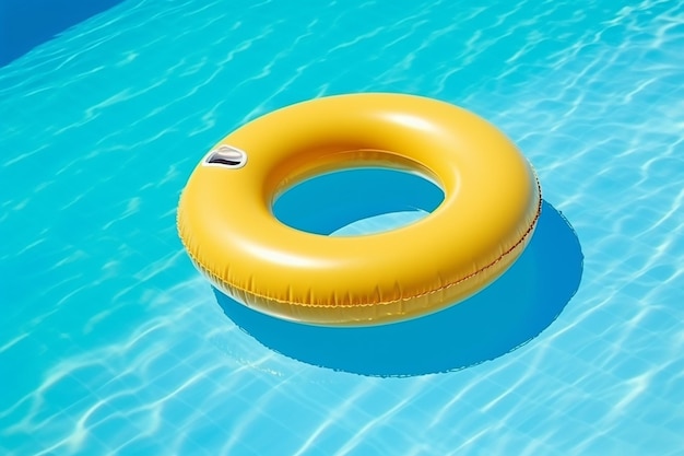 Anello giallo Sunny Playtime che galleggia nella piscina blu con divertimento gonfiabile