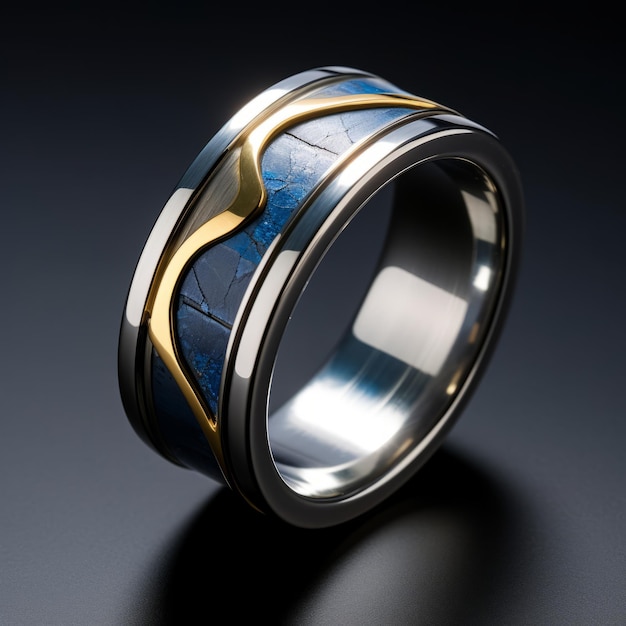 Anello in acciaio inossidabile blu e oro con delicati accenti di colore