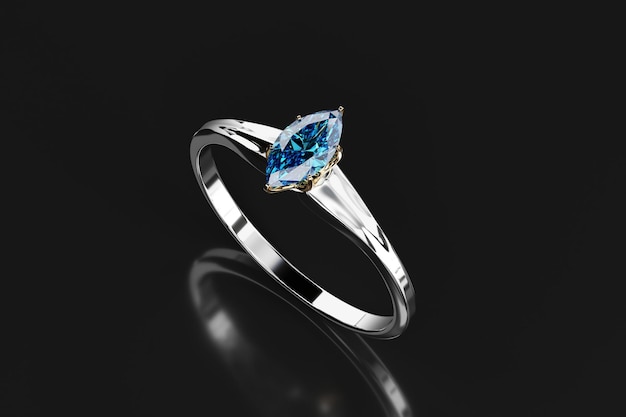 Anello in argento con diamante Marquise blu posizionato su sfondo lucido Rendering 3D