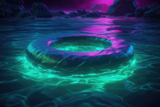 Anello luminoso verde e neon nell'acqua IA generativa
