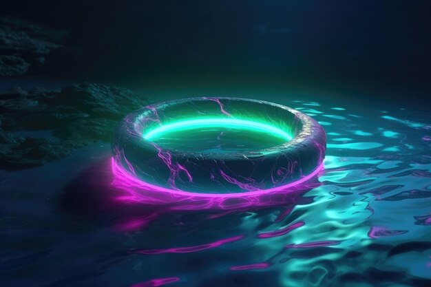 Anello luminoso verde e neon nell'acqua IA generativa