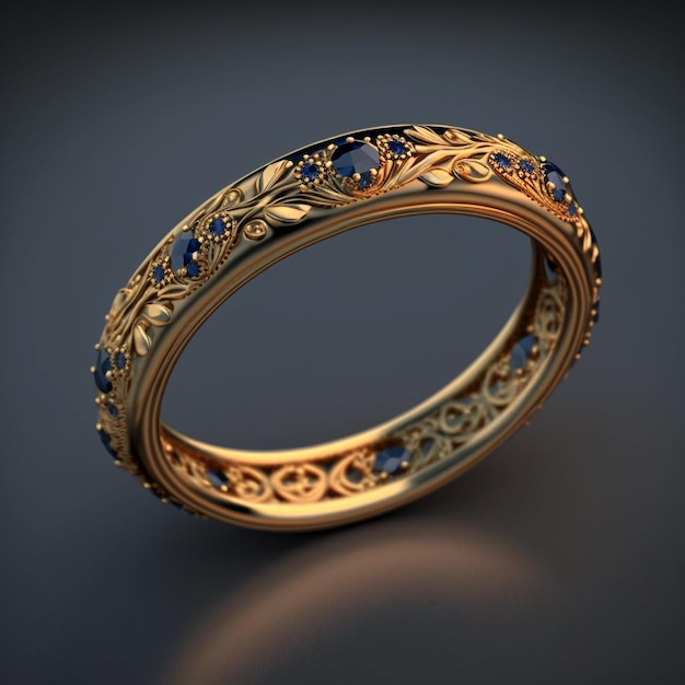 Anello sottile in oro con una dispersione di zaffiri blu concept art 3d rendering illustrazione