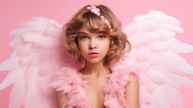 Angel di San Valentino Amour Dio dell'amore Ragazza in costume di Cupido su uno sfondo rosa