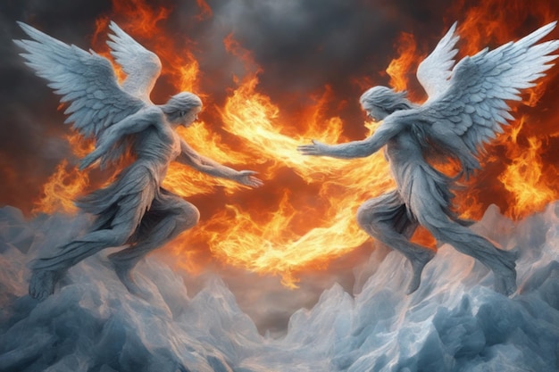 Angeli che combattono i demoni nella terra ardente di ghiaccio e fuoco