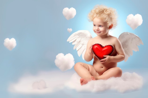 Angelo bambino carino con cuore rosso su sfondo blu con nuvole
