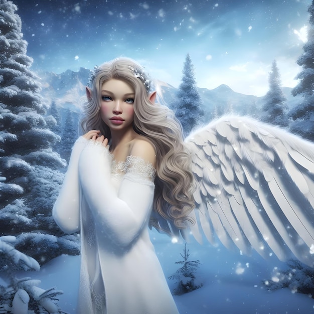 Angelo con le ali nella foresta invernale cartolina di Natale rendering 3d