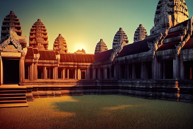 Angkor Wat Cambogia Bellissimo tempio antico rovine pittura in stile arte digitale vista sullo skyline