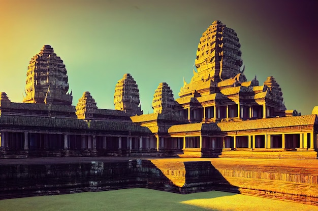 Angkor Wat Cambogia Bellissimo tempio antico rovine pittura in stile arte digitale vista sullo skyline