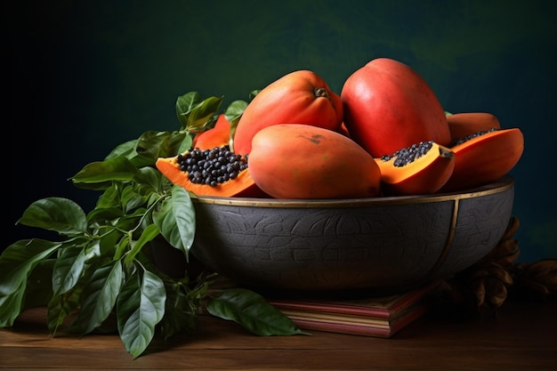 Angolo alto della ciotola di frutta con la papaya