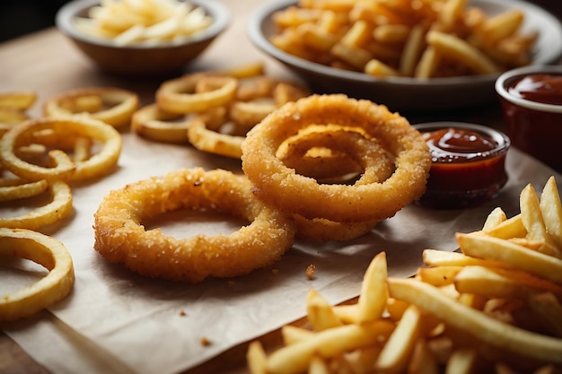 Angolo alto di anelli di cipolla e patatine fritte