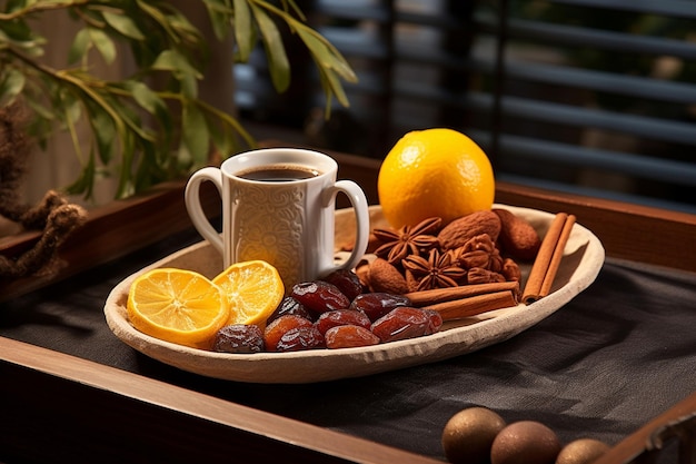 Angolo alto di dessert di frutta sul piatto con vaso e pianta