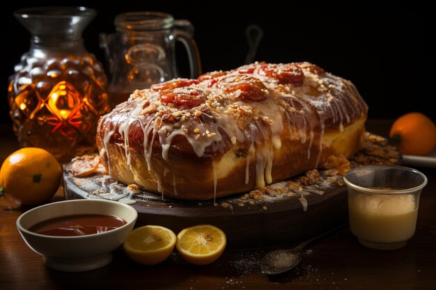 Angolo alto di pan de muerto con candela e cranio